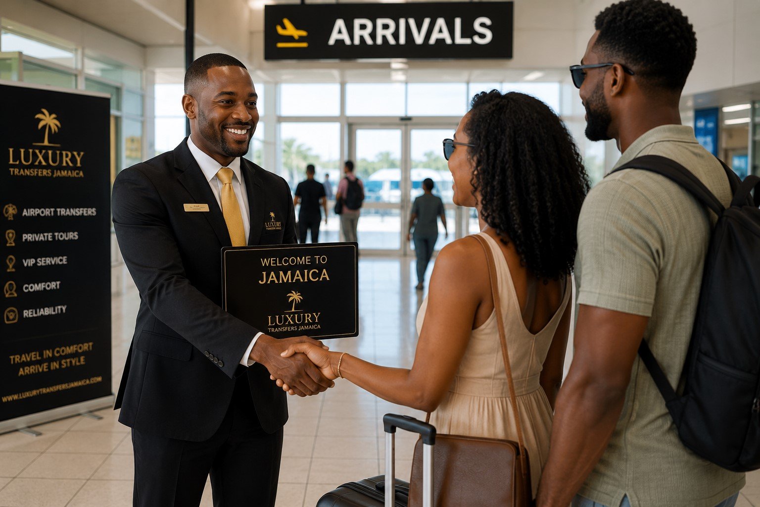 Chauffeur greeting arrivals for a private luxury airport transfer in Jamaica