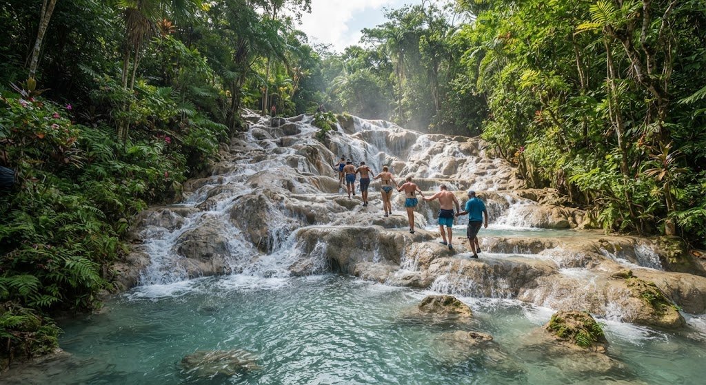 Dunn's River Falls Luxury Experience Jamaica 2 Visitors enjoying Dunn's River Falls in Ocho Rios Jamaica