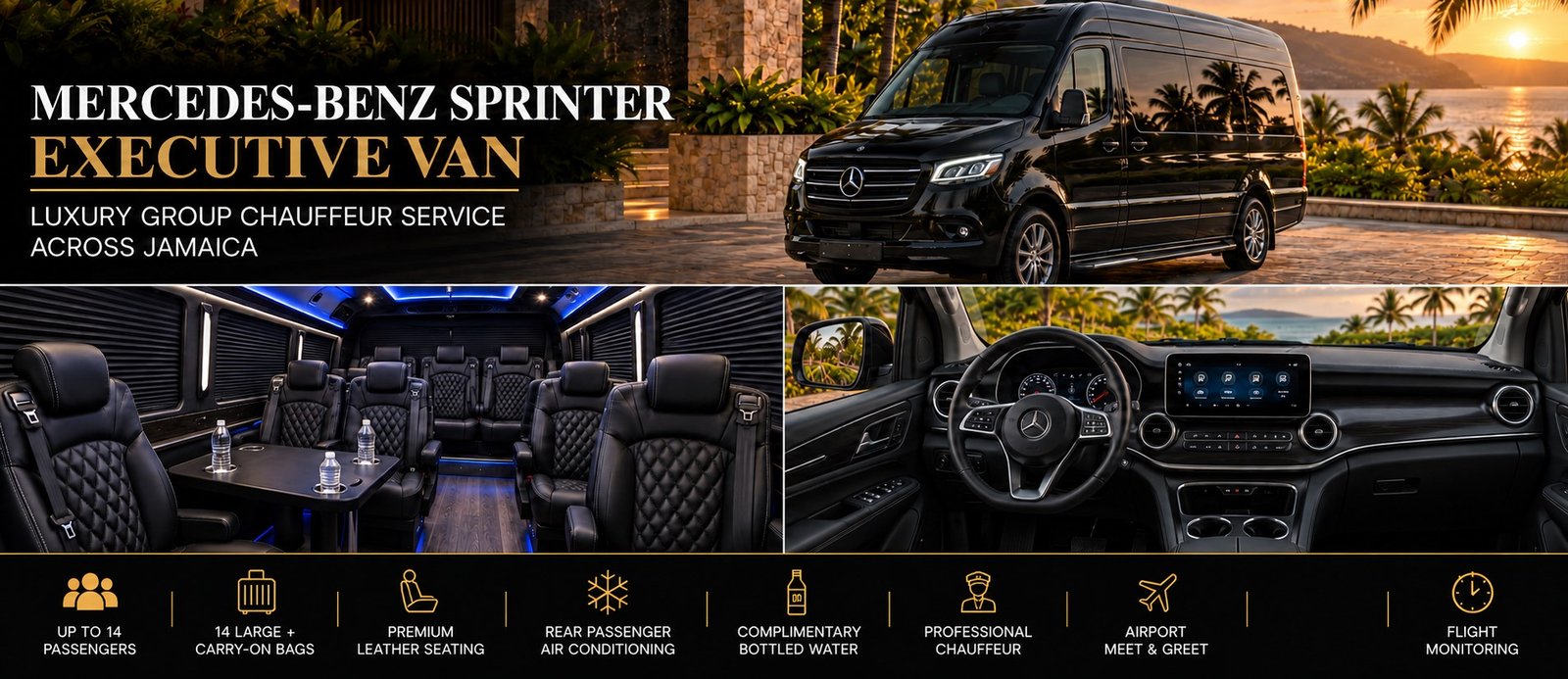 Mercedes-Benz Sprinter Jamaica luxury group chauffeur service and premium interior